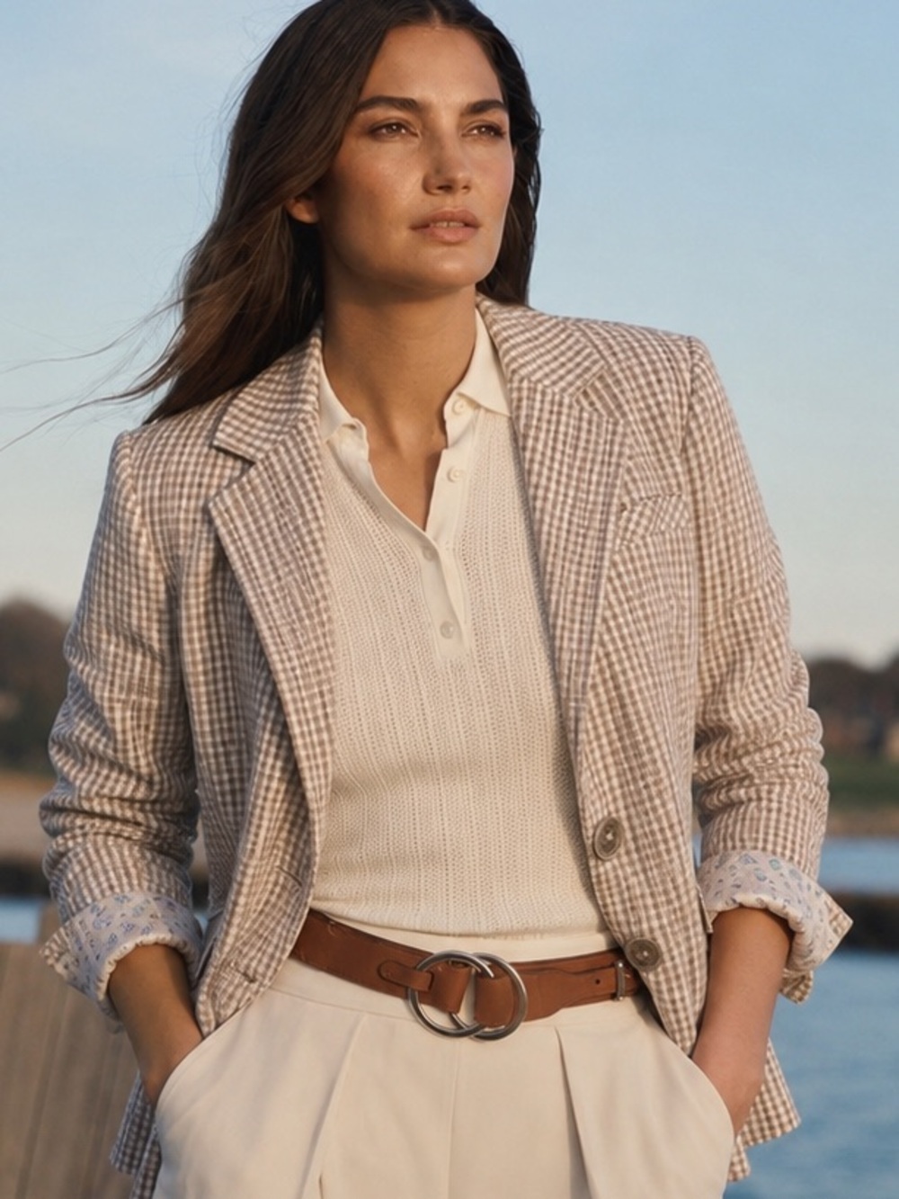CAbi Seersucker Gingham Blazer Floral Cuff Cottagecore Coastal Grandmacore